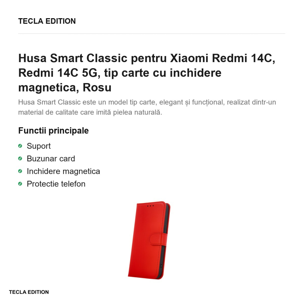 Husa Smart Classic pentru Xiaomi Redmi 14C, Redmi 14C 5G, tip carte cu inchidere magnetica, Rosu [2]