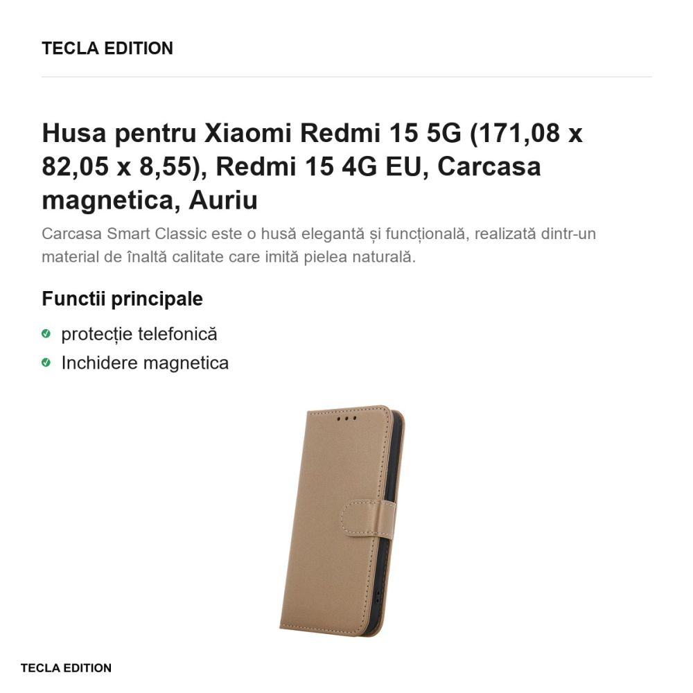 Husa Smart Classic pentru Xiaomi Redmi 15 5G, Redmi 15 4G EU, tip carte cu inchidere magnetica, Auriu [2]