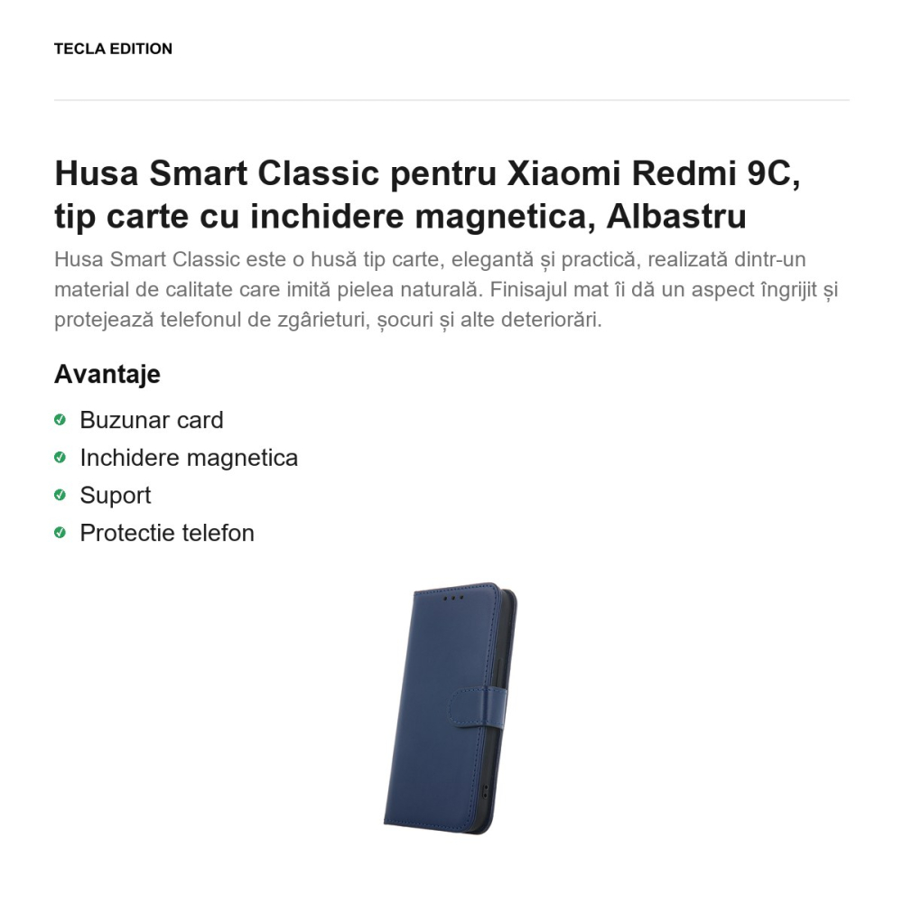 Husa Smart Classic pentru Xiaomi Redmi 9C, tip carte cu inchidere magnetica, Albastru [2]