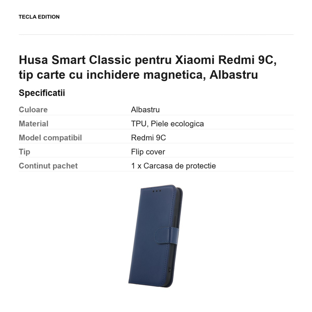 Husa Smart Classic pentru Xiaomi Redmi 9C, tip carte cu inchidere magnetica, Albastru [3]