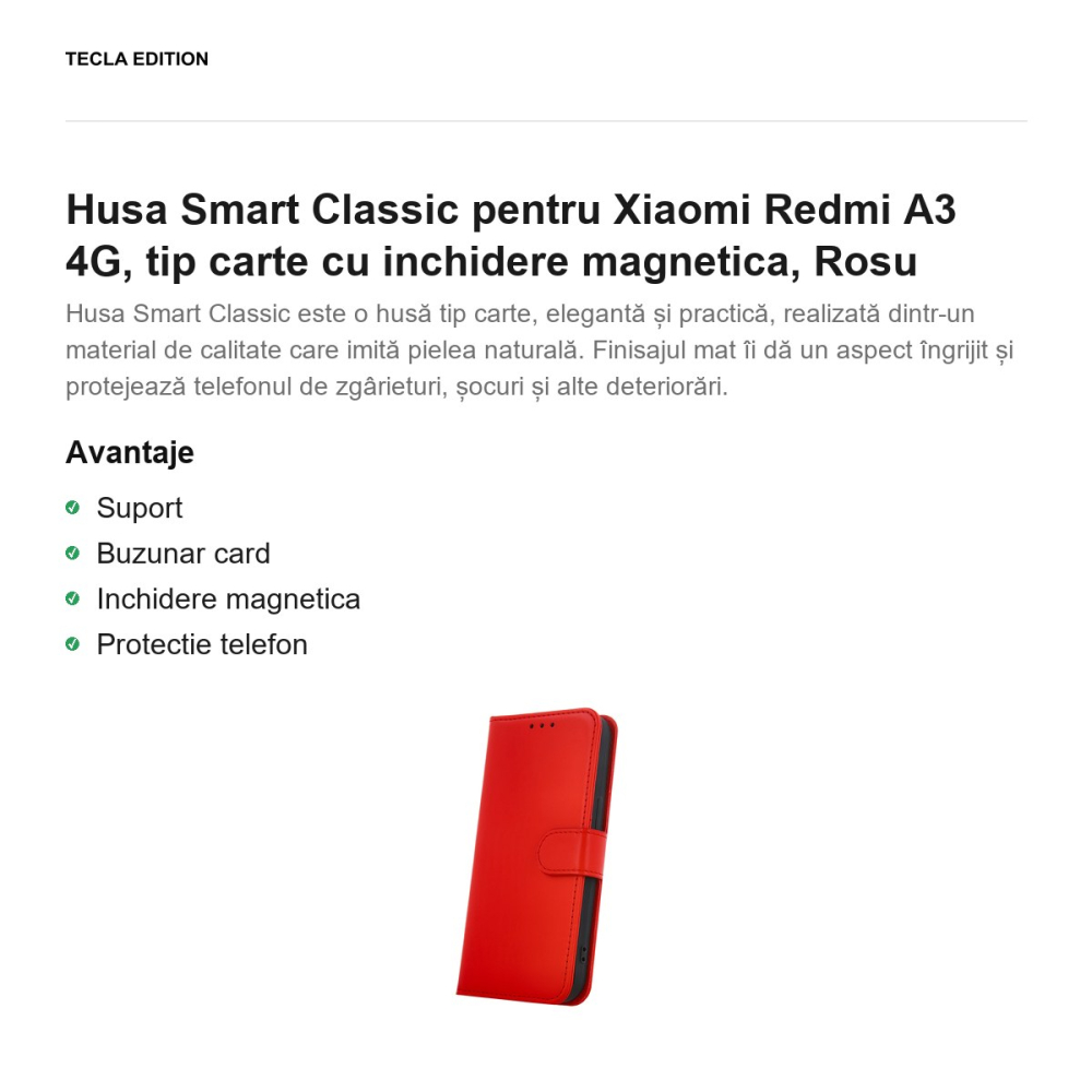 Husa Smart Classic pentru Xiaomi Redmi A3 4G, tip carte cu inchidere magnetica, Rosu [2]