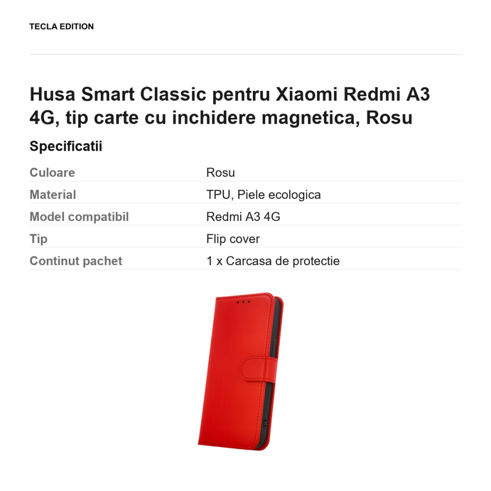 Husa Smart Classic pentru Xiaomi Redmi A3 4G, tip carte cu inchidere magnetica, Rosu [3]