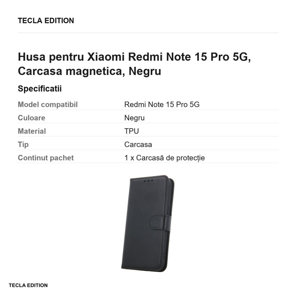 Husa Smart Classic pentru Xiaomi Redmi Note 15 Pro 5G, tip carte cu inchidere magnetica, Negru [3]