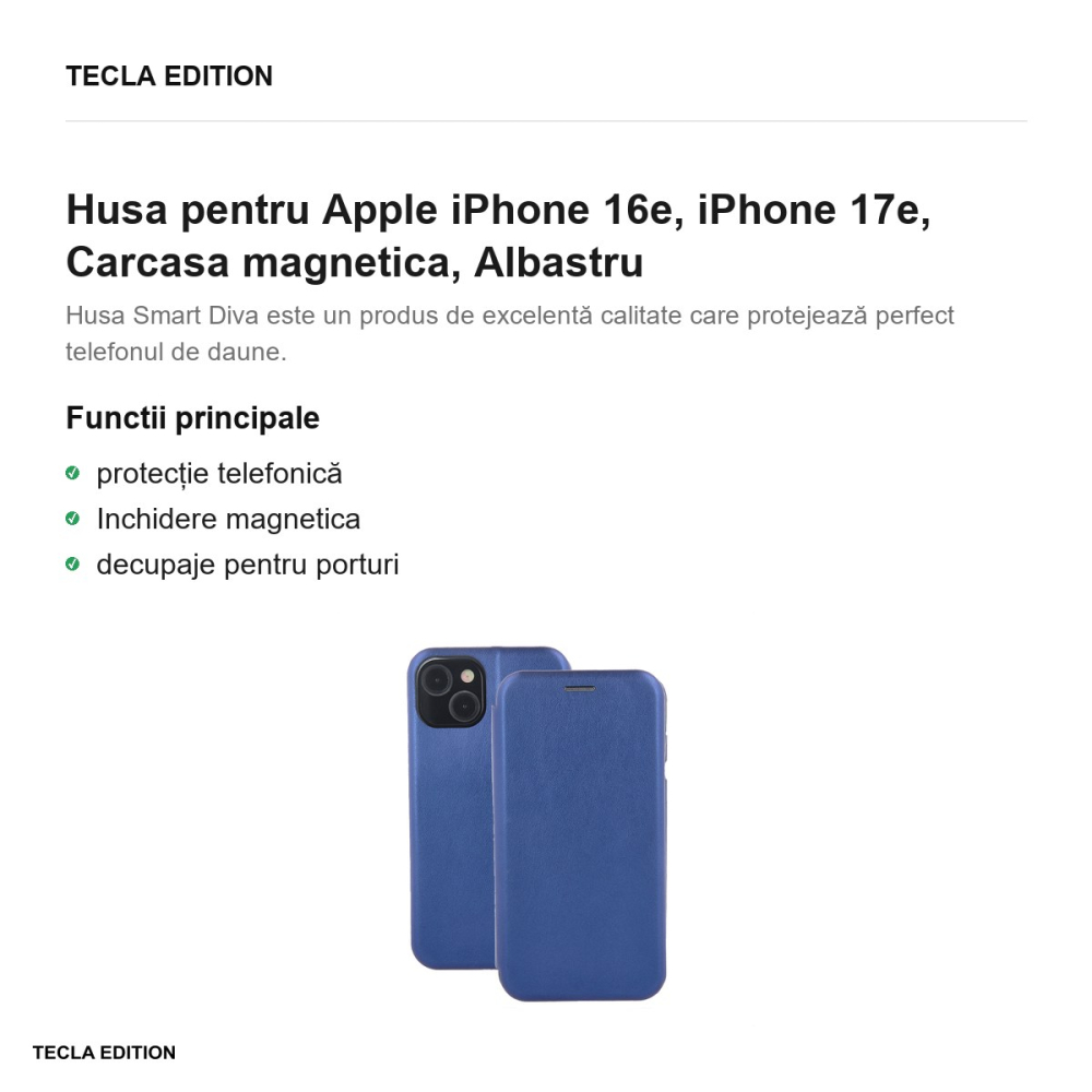 Husa Smart Diva pentru Apple iPhone 16e, iPhone 17e, tip carte cu inchidere magnetica, Albastru [2]