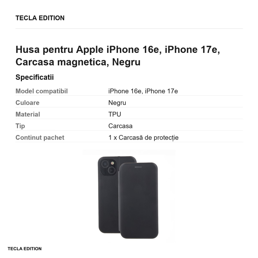 Husa Smart Diva pentru Apple iPhone 16e, iPhone 17e, tip carte cu inchidere magnetica, Negru [3]
