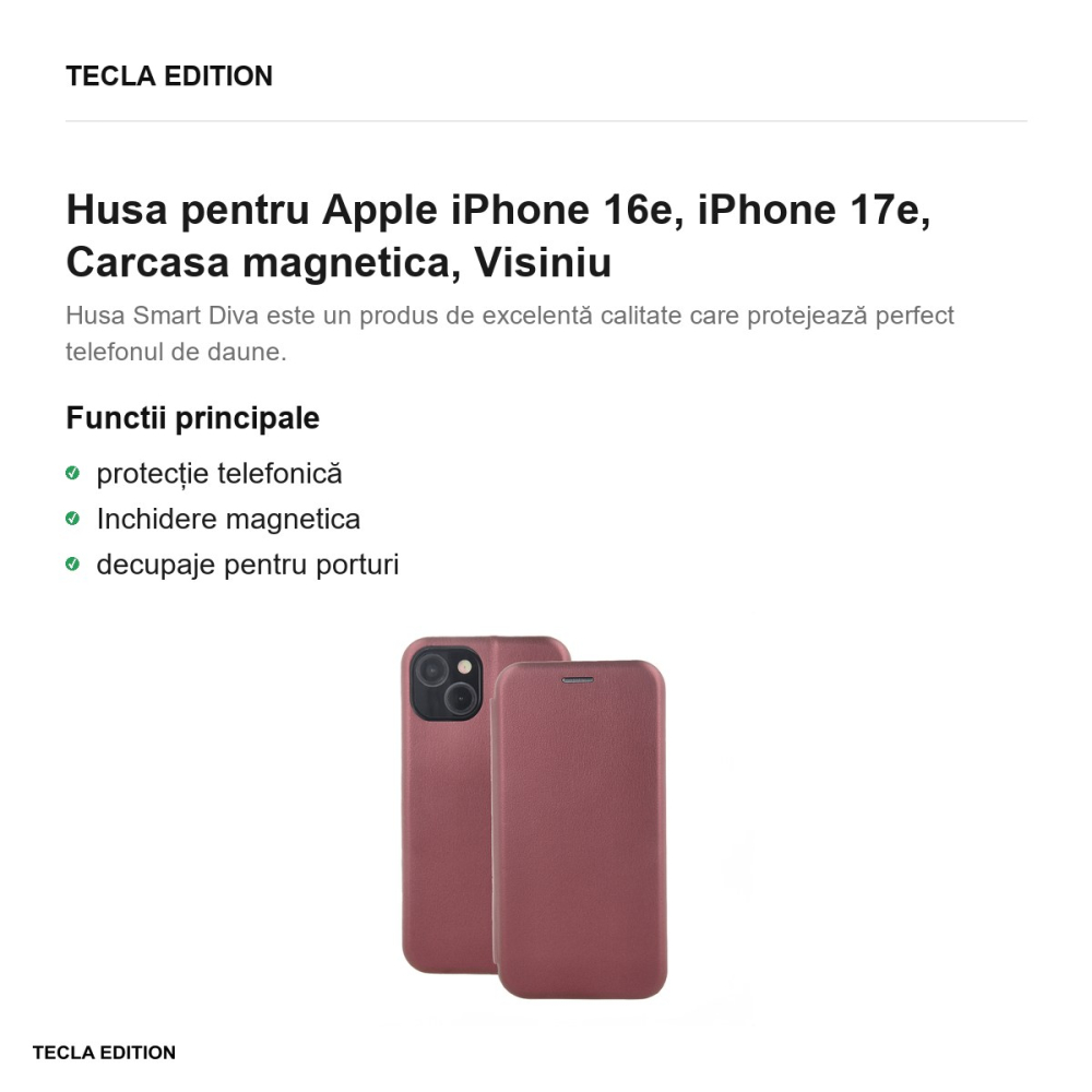 Husa Smart Diva pentru Apple iPhone 16e, iPhone 17e, tip carte cu inchidere magnetica, Visiniu [2]