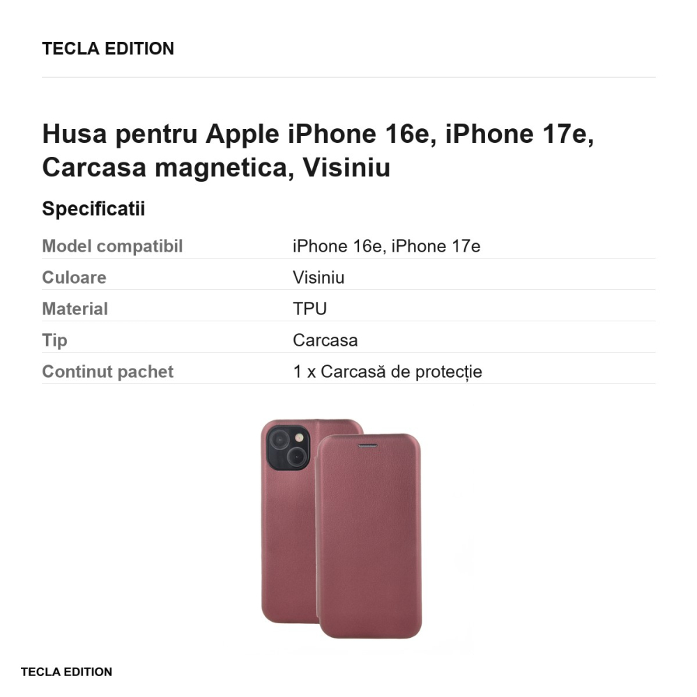 Husa Smart Diva pentru Apple iPhone 16e, iPhone 17e, tip carte cu inchidere magnetica, Visiniu [3]