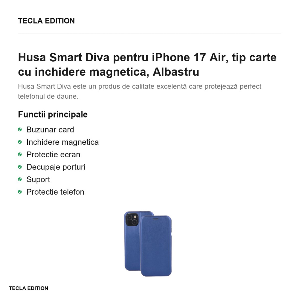 Husa Smart Diva pentru iPhone 17 Air, tip carte cu inchidere magnetica, Albastru [2]