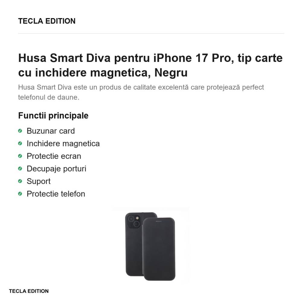 Husa Smart Diva pentru iPhone 17 Pro, tip carte cu inchidere magnetica, Negru [2]