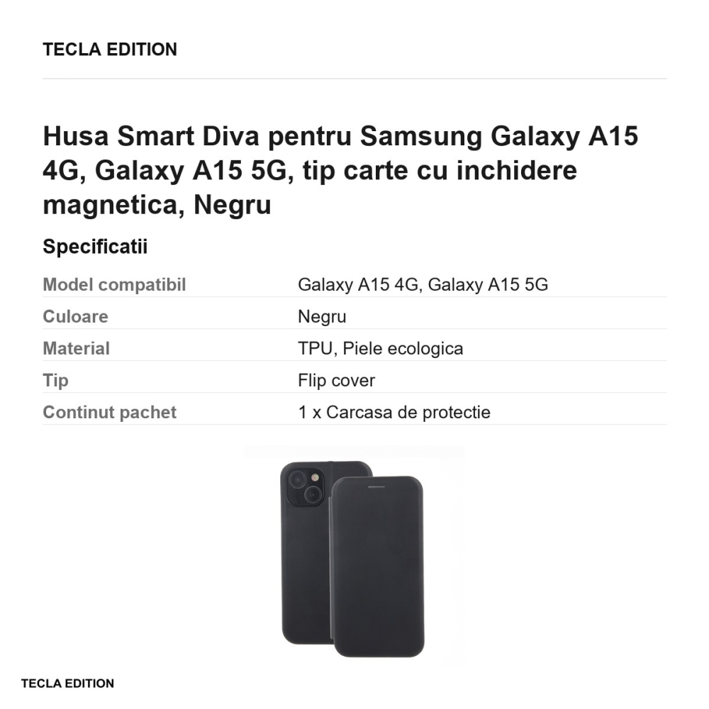 Husa Smart Diva pentru Samsung Galaxy A15 4G, Galaxy A15 5G, tip carte cu inchidere magnetica, Negru [3]