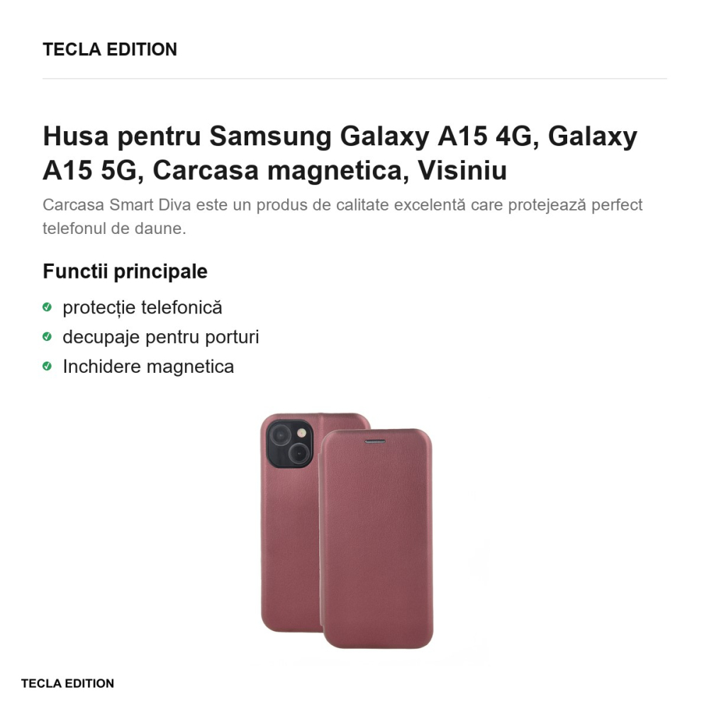 Husa Smart Diva pentru Samsung Galaxy A15 4G, Galaxy A15 5G, tip carte cu inchidere magnetica, Visiniu [2]