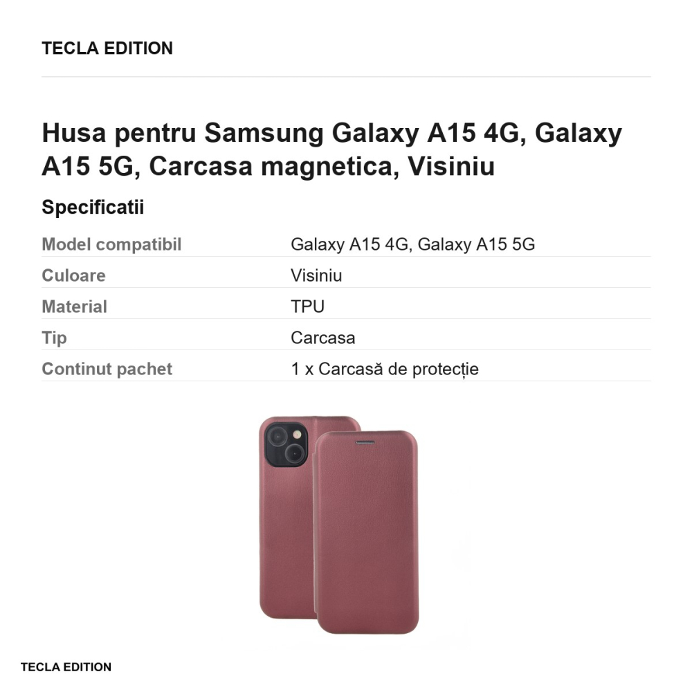 Husa Smart Diva pentru Samsung Galaxy A15 4G, Galaxy A15 5G, tip carte cu inchidere magnetica, Visiniu [3]