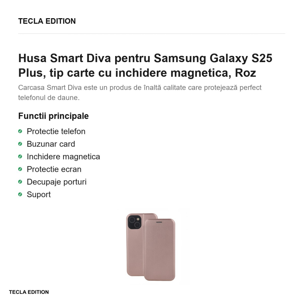 Husa Smart Diva pentru Samsung Galaxy S25 Plus, tip carte cu inchidere magnetica, Roz [2]