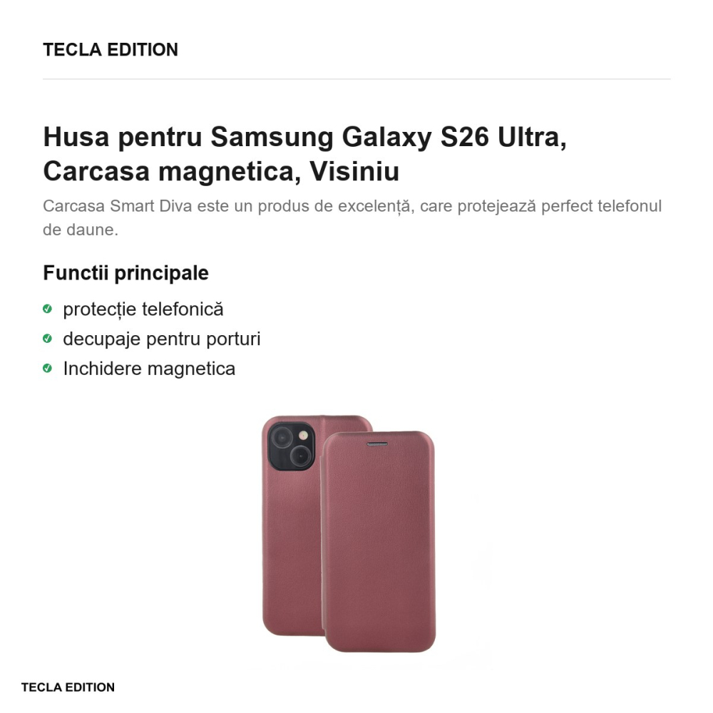 Husa Smart Diva pentru Samsung Galaxy S26 Ultra, tip carte cu inchidere magnetica, Visiniu [2]