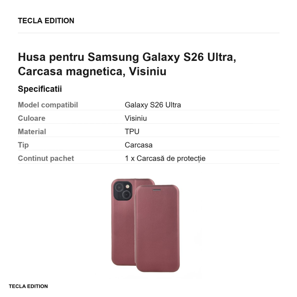 Husa Smart Diva pentru Samsung Galaxy S26 Ultra, tip carte cu inchidere magnetica, Visiniu [3]