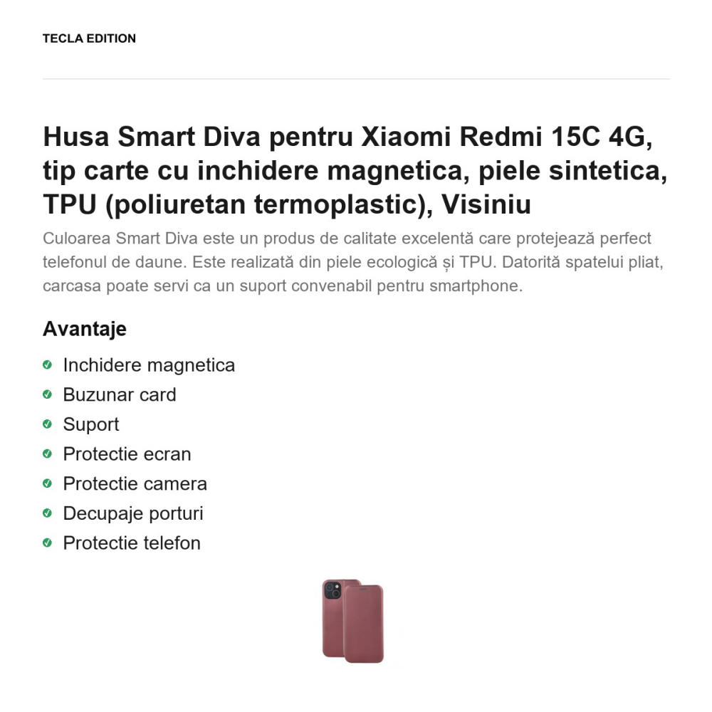 Husa Smart Diva pentru Xiaomi Redmi 15C 4G, tip carte cu inchidere magnetica, piele sintetica, TPU (poliuretan termoplastic), Visiniu [2]