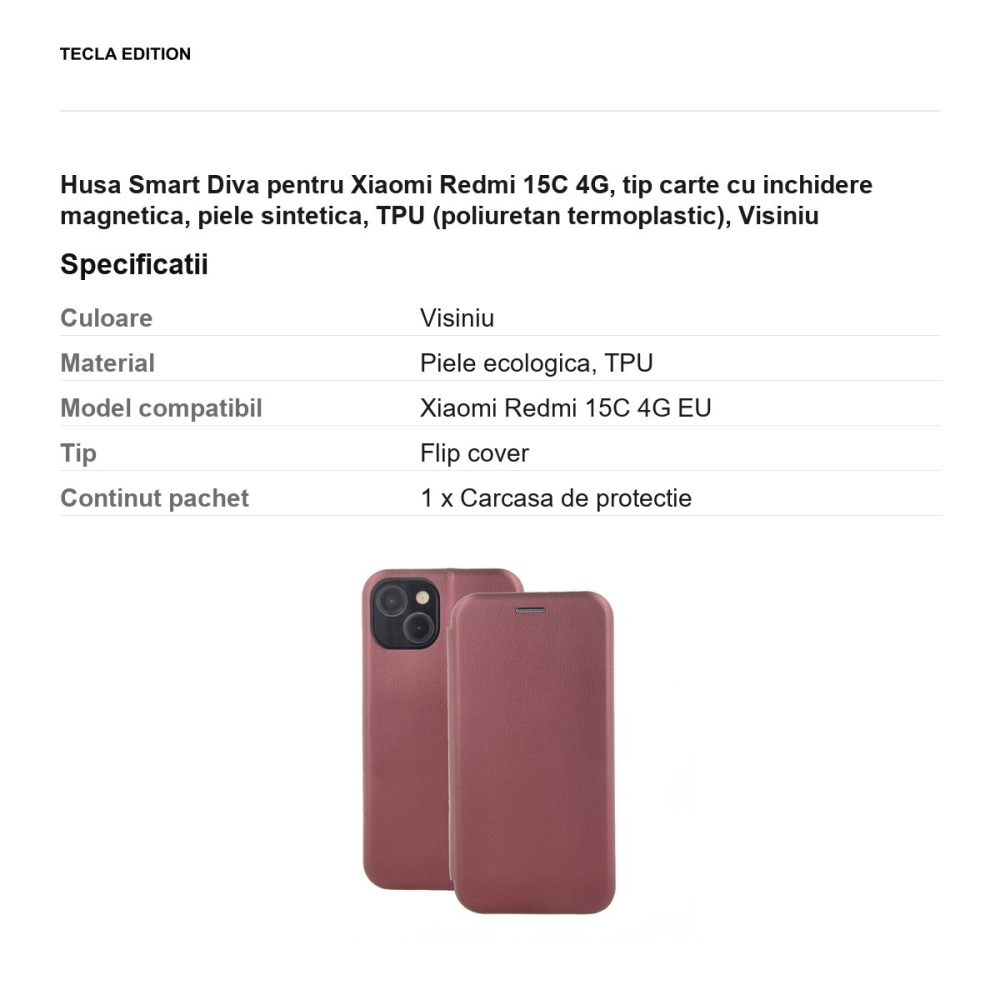 Husa Smart Diva pentru Xiaomi Redmi 15C 4G, tip carte cu inchidere magnetica, piele sintetica, TPU (poliuretan termoplastic), Visiniu [3]