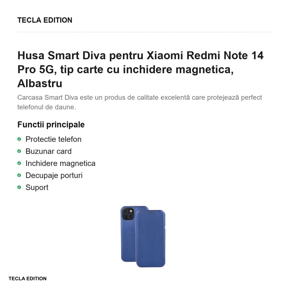 Husa Smart Diva pentru Xiaomi Redmi Note 14 Pro 5G, tip carte cu inchidere magnetica, Albastru [2]