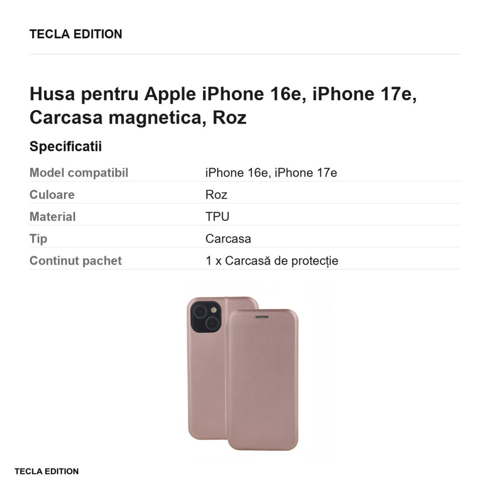 Husa Smart Diva rose pentru Apple iPhone 16e, iPhone 17e, tip carte cu inchidere magnetica, Roz [3]