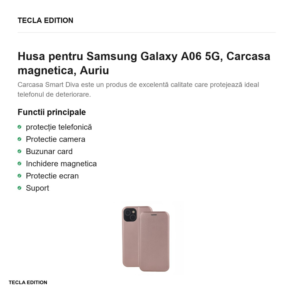 Husa Smart Diva rose pentru Samsung Galaxy A06 5G, tip carte cu inchidere magnetica, Rose Gold Metallic [2]