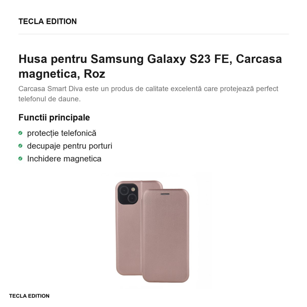 Husa Smart Diva rose pentru Samsung Galaxy S23 FE, tip carte cu inchidere magnetica, Roz [2]