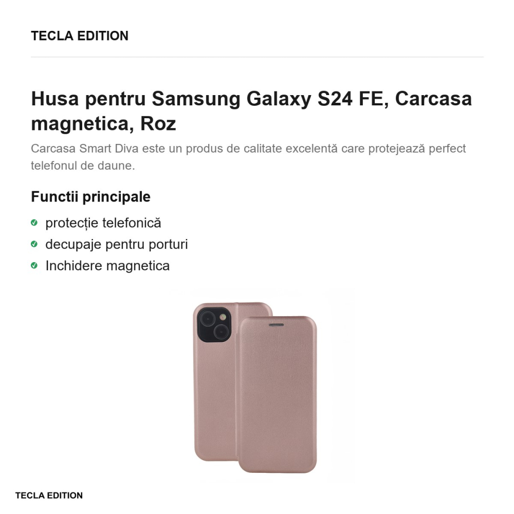 Husa Smart Diva rose pentru Samsung Galaxy S24 FE, tip carte cu inchidere magnetica, Rose Gold Metallic [2]