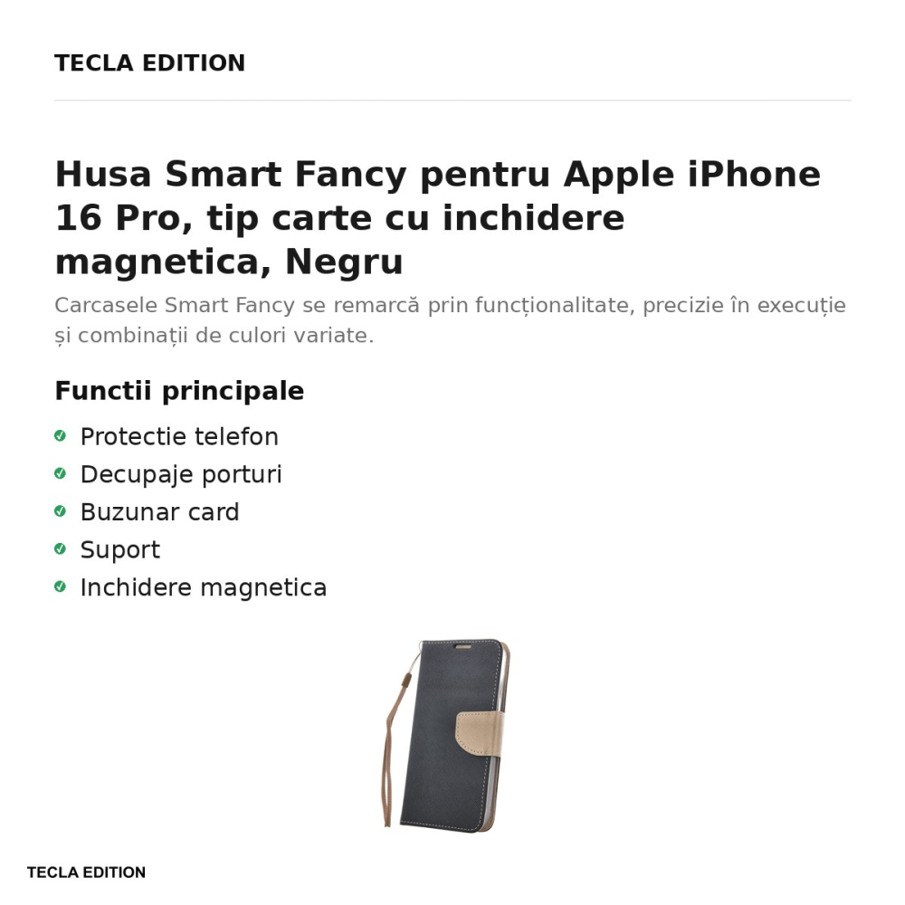 Husa Smart Fancy pentru Apple iPhone 16 Pro, tip carte cu inchidere magnetica, Auriu [2]