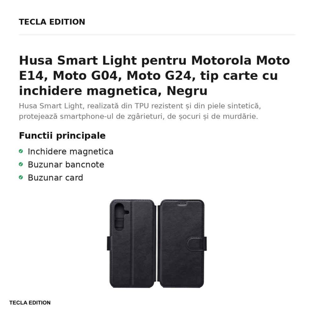 Husa Smart Light pentru Motorola Moto E14, Moto G04, Moto G24, tip carte cu inchidere magnetica, Negru [2]