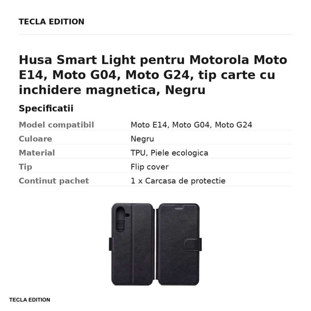 Husa Smart Light pentru Motorola Moto E14, Moto G04, Moto G24, tip carte cu inchidere magnetica, Negru [3]