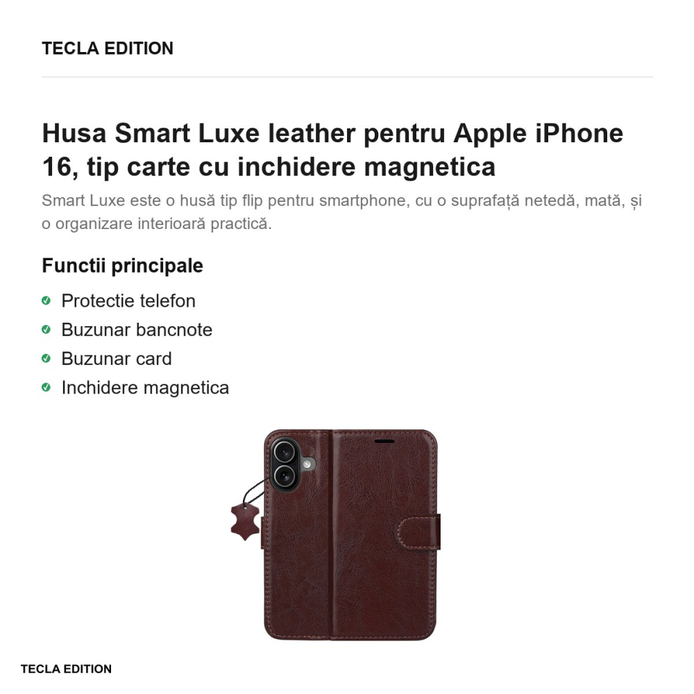 Husa Smart Luxe leather pentru Apple iPhone 16, tip carte cu inchidere magnetica, Maro [2]