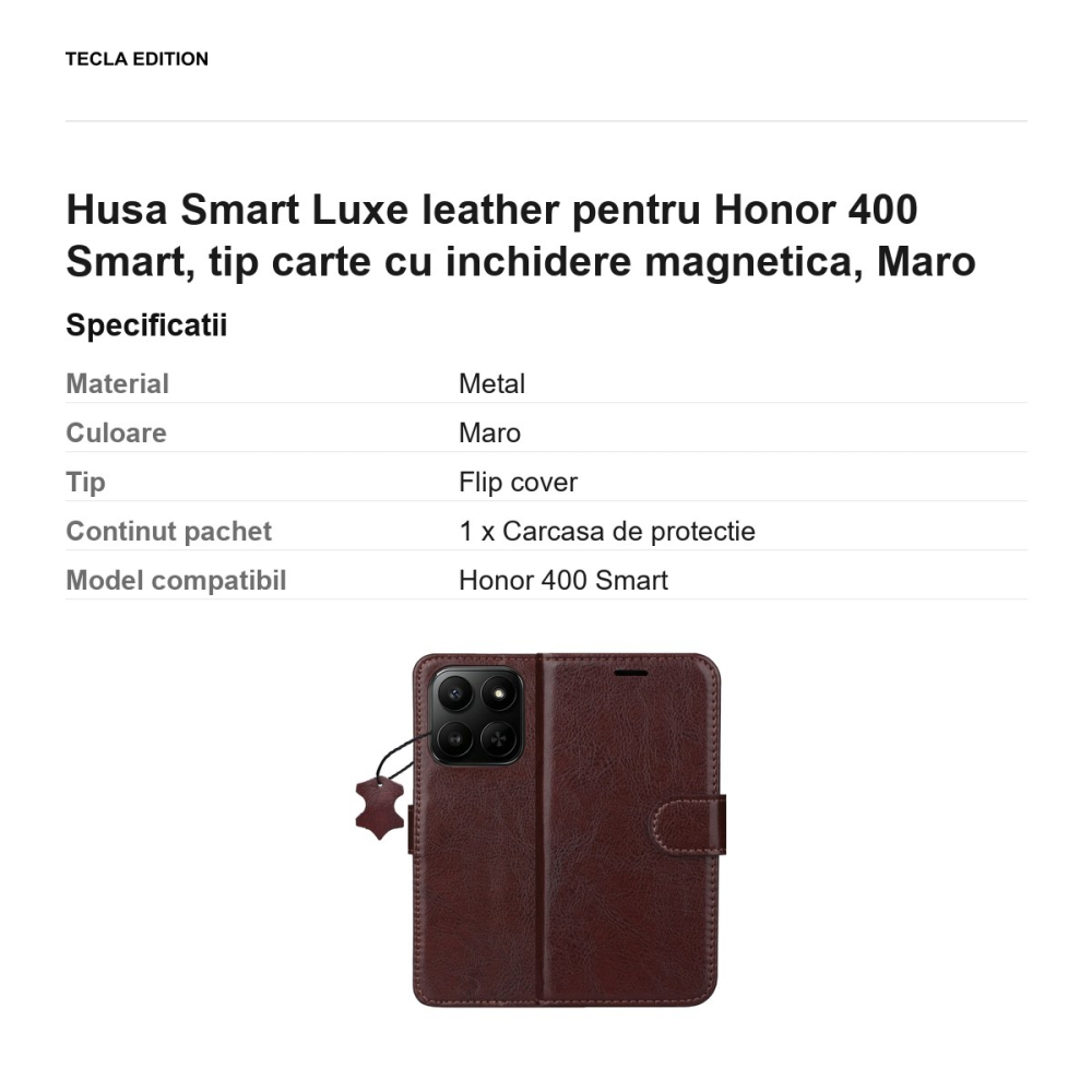 Husa Smart Luxe leather pentru Honor 400 Smart, tip carte cu inchidere magnetica, Maro [3]