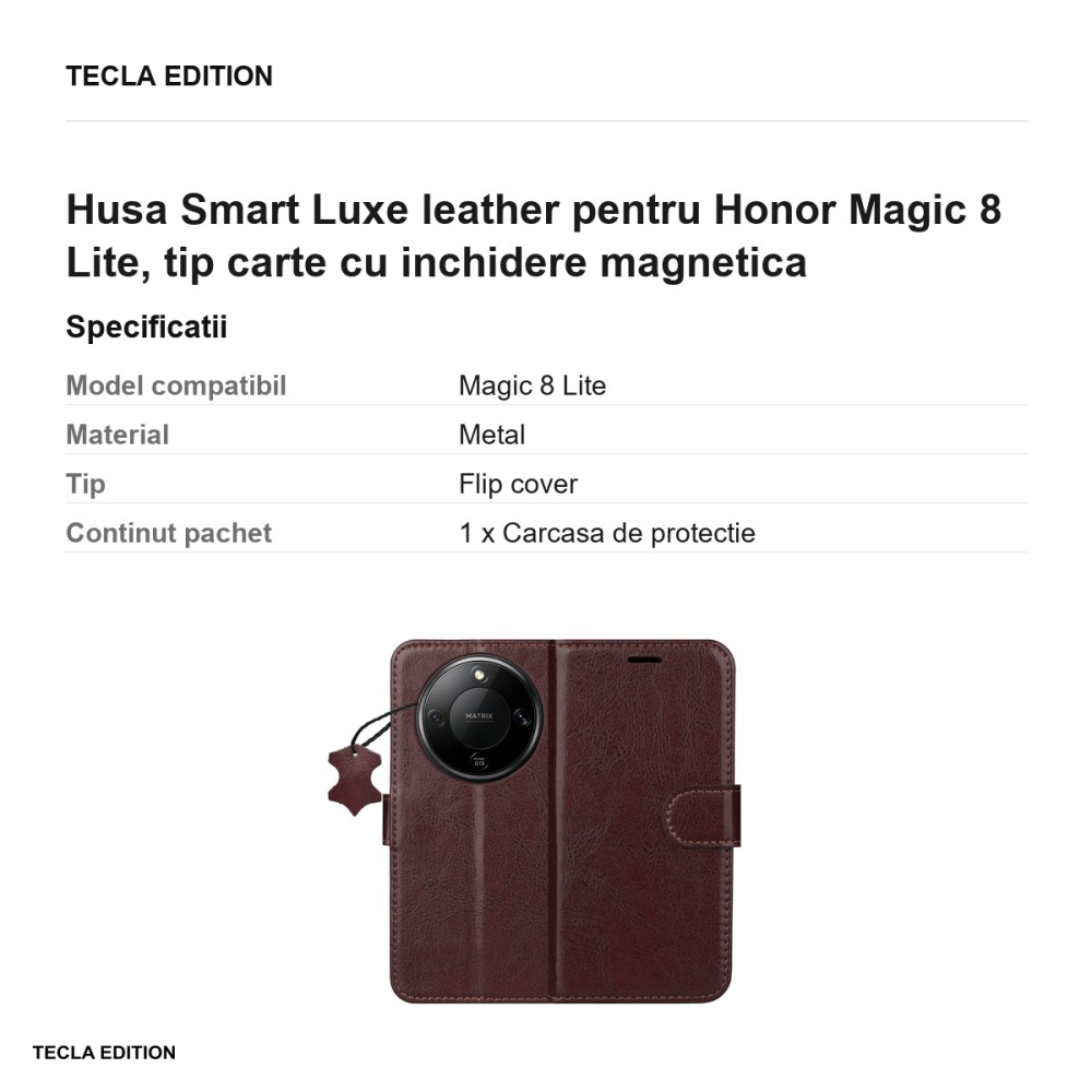 Husa Smart Luxe leather pentru Honor Magic 8 Lite, tip carte cu inchidere magnetica, Maro [3]