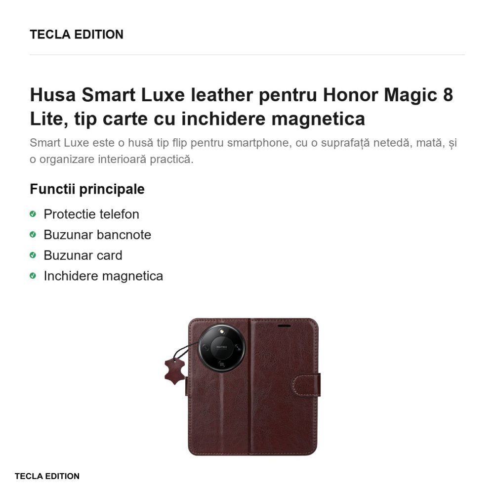 Husa Smart Luxe leather pentru Honor Magic 8 Lite, tip carte cu inchidere magnetica, Maro [2]