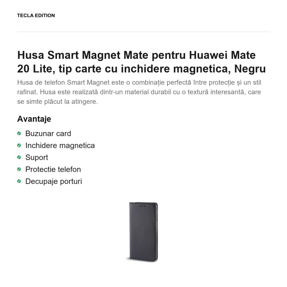 Husa Smart Magnet Mate pentru Huawei Mate 20 Lite, tip carte cu inchidere magnetica, Negru [2]