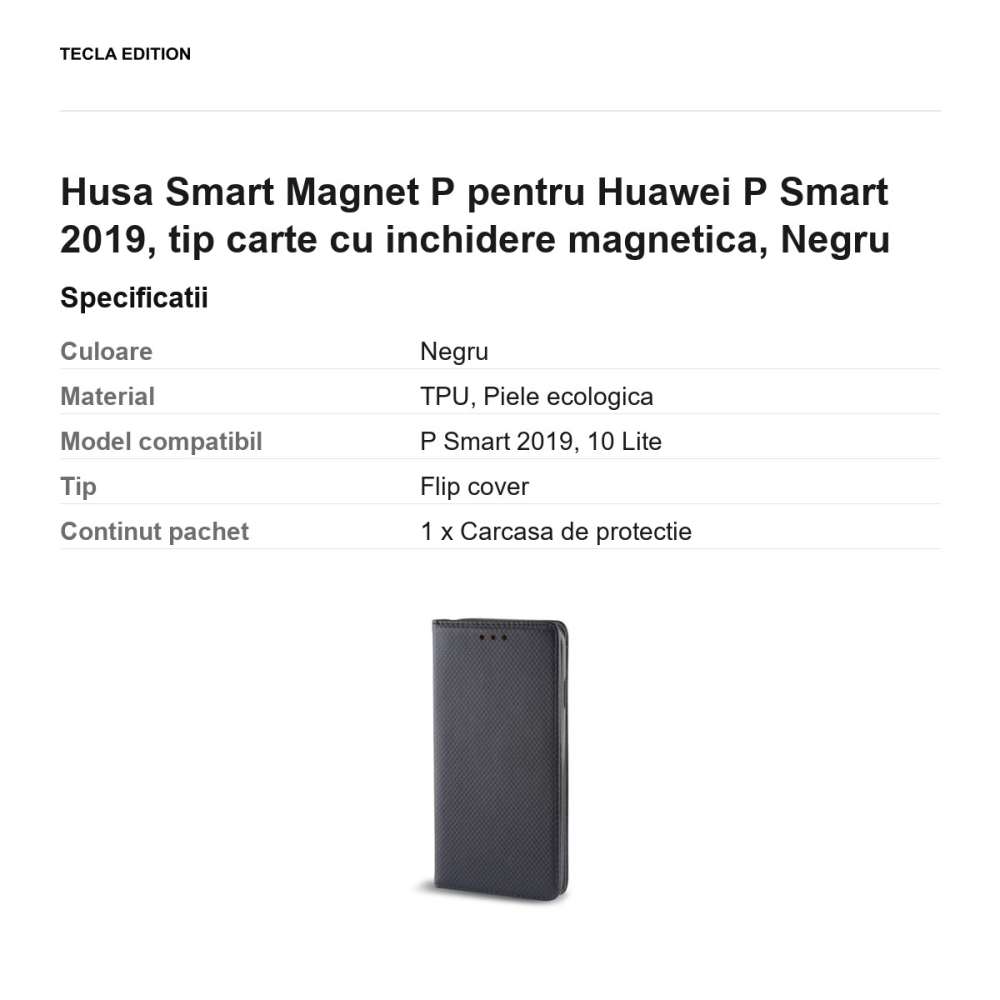 Husa Smart Magnet P pentru Huawei P Smart 2019, tip carte cu inchidere magnetica, Negru [3]