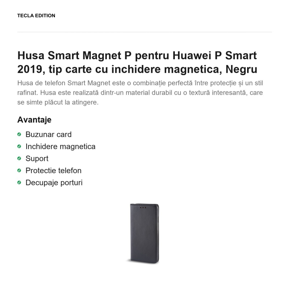 Husa Smart Magnet P pentru Huawei P Smart 2019, tip carte cu inchidere magnetica, Negru [2]
