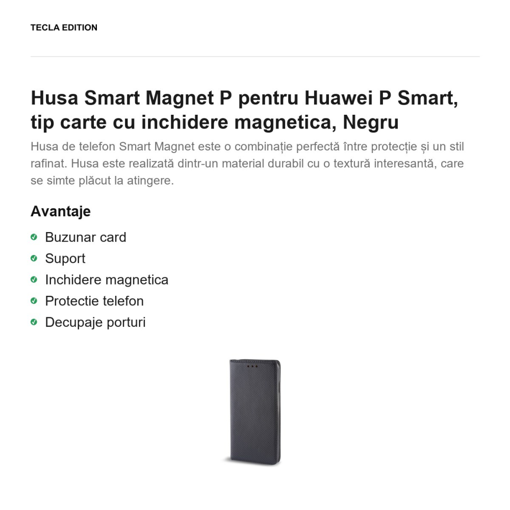 Husa Smart Magnet P pentru Huawei P Smart, tip carte cu inchidere magnetica, Negru [2]