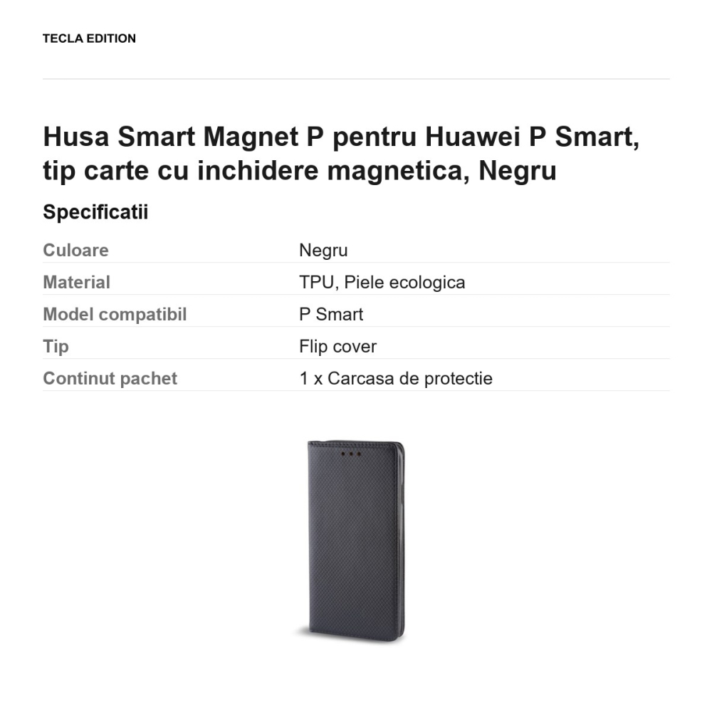 Husa Smart Magnet P pentru Huawei P Smart, tip carte cu inchidere magnetica, Negru [3]