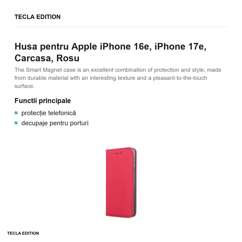 Husa Smart Magnet pentru Apple iPhone 16e, iPhone 17e, tip carte, Rosu [2]