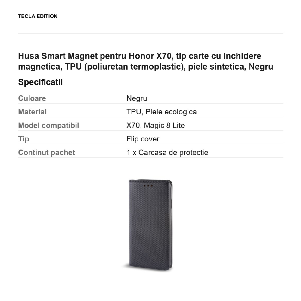 Husa Smart Magnet pentru Honor X70, tip carte cu inchidere magnetica, TPU (poliuretan termoplastic), piele sintetica, Negru [3]