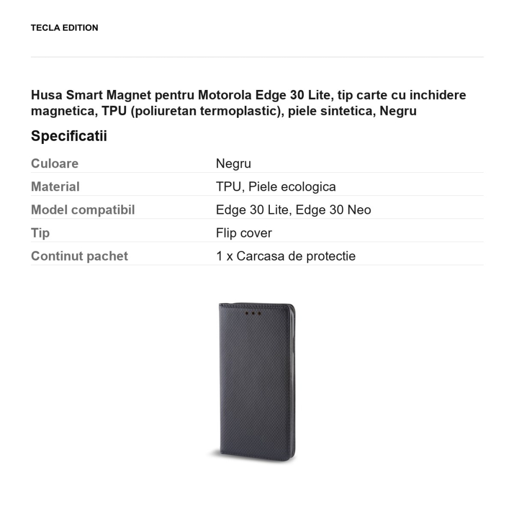 Husa Smart Magnet pentru Motorola Edge 30 Lite, tip carte cu inchidere magnetica, TPU (poliuretan termoplastic), piele sintetica, Negru [3]