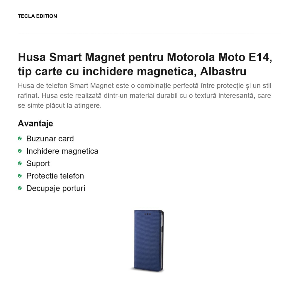 Husa Smart Magnet pentru Motorola Moto E14, tip carte cu inchidere magnetica, Albastru [2]