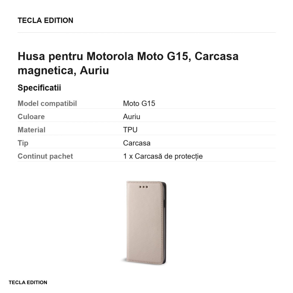 Husa Smart Magnet pentru Motorola Moto G15, tip carte cu inchidere magnetica, Auriu [3]