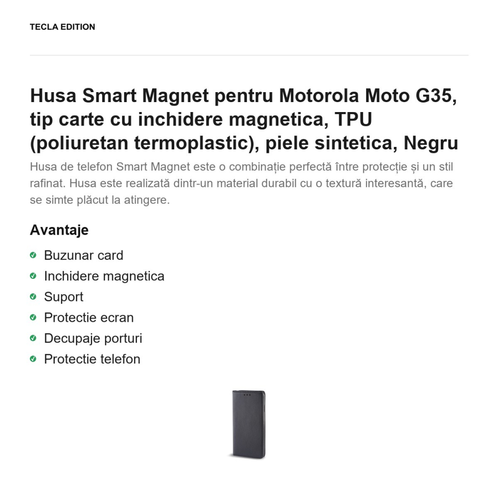 Husa Smart Magnet pentru Motorola Moto G35, tip carte cu inchidere magnetica, TPU (poliuretan termoplastic), piele sintetica, Negru [2]
