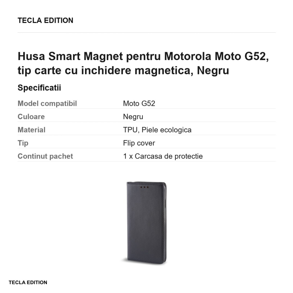 Husa Smart Magnet pentru Motorola Moto G52, tip carte cu inchidere magnetica, Negru [3]