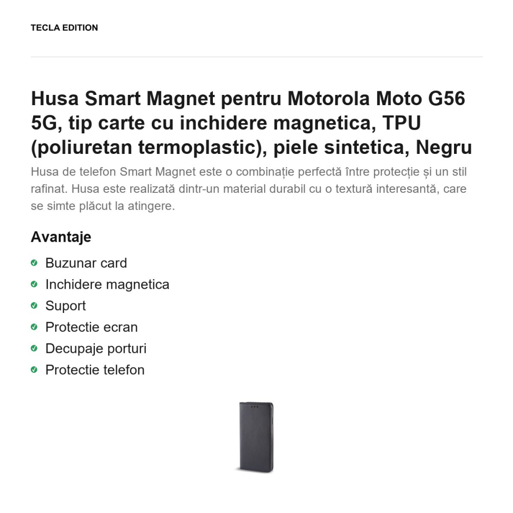 Husa Smart Magnet pentru Motorola Moto G56 5G, tip carte cu inchidere magnetica, TPU (poliuretan termoplastic), piele sintetica, Negru [2]