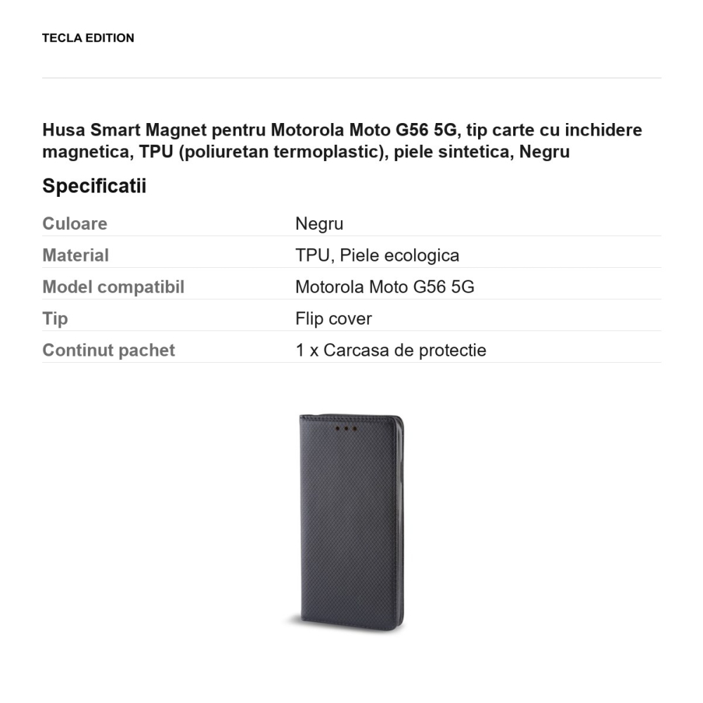 Husa Smart Magnet pentru Motorola Moto G56 5G, tip carte cu inchidere magnetica, TPU (poliuretan termoplastic), piele sintetica, Negru [3]