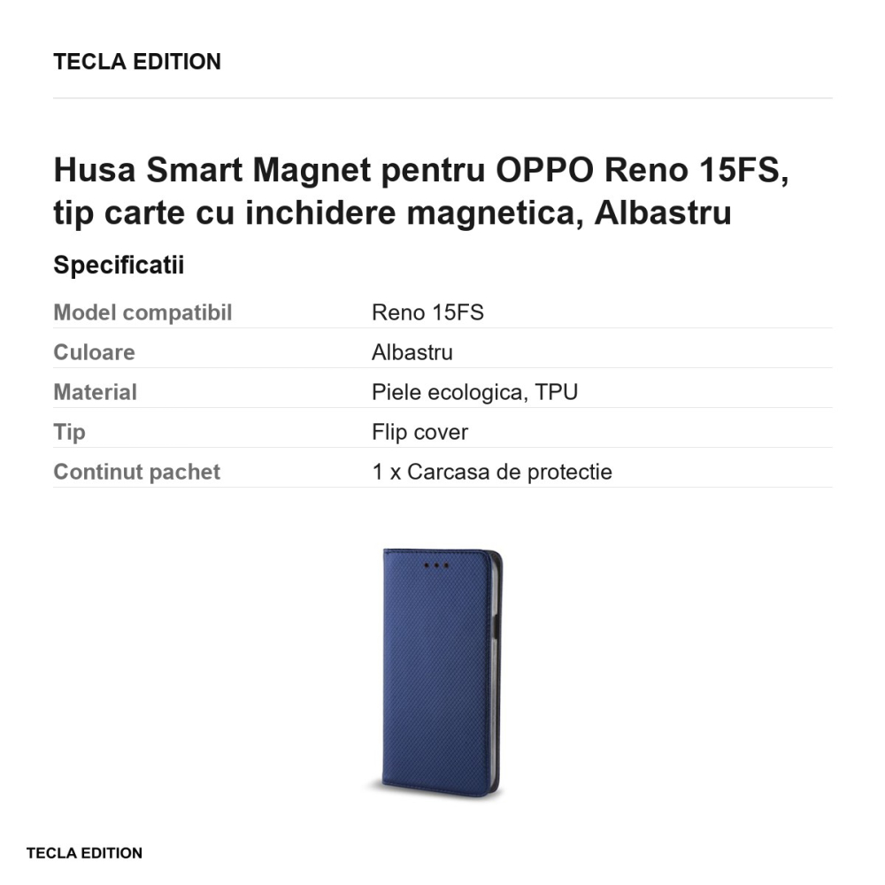 Husa Smart Magnet pentru OPPO Reno 15FS, tip carte cu inchidere magnetica, Albastru [3]