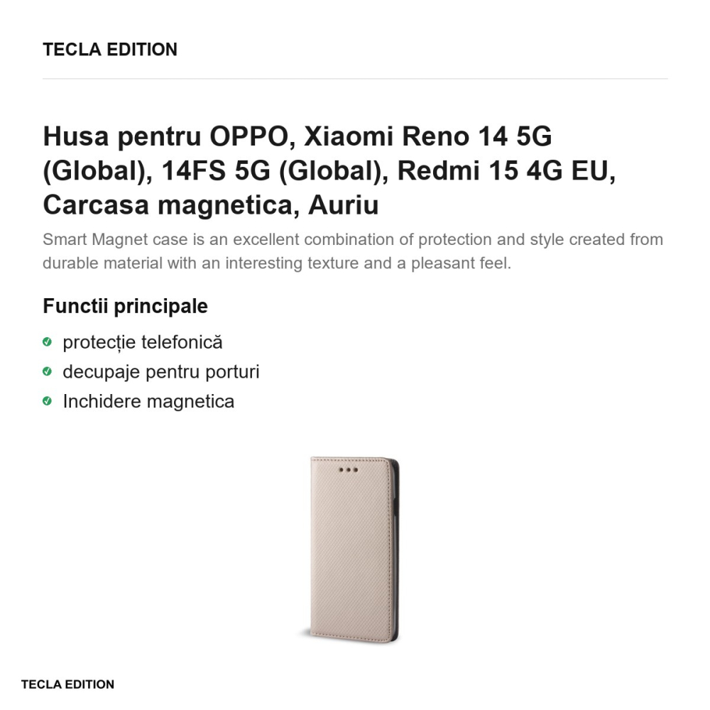 Husa Smart Magnet pentru OPPO, Xiaomi Reno 14 5G (Global), 14FS 5G (Global), Redmi 15 4G EU, tip carte cu inchidere magnetica, Auriu [2]