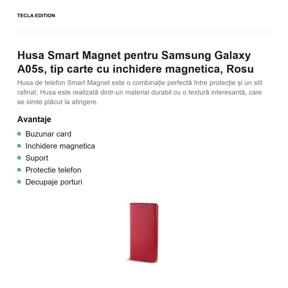 Husa Smart Magnet pentru Samsung Galaxy A05s, tip carte cu inchidere magnetica, Rosu [2]